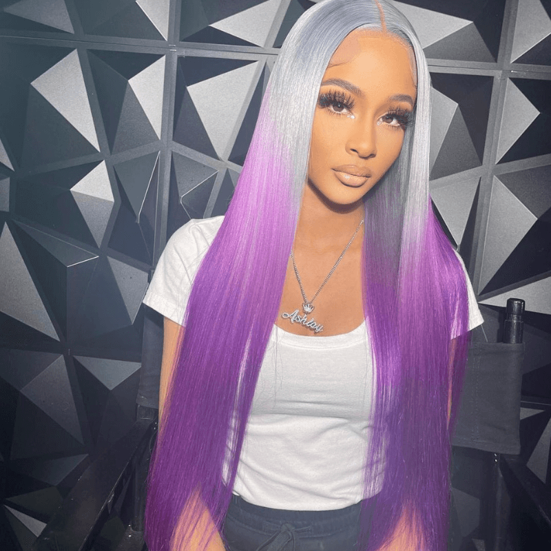 SZC Ombre Gray Purple Straight Body Wave 13x4 Lace Front Human Hair Wigs