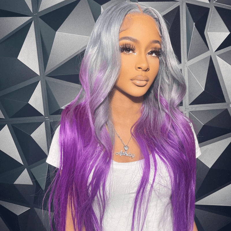 SZC Ombre Gray Purple Straight Body Wave 13x4 Lace Front Human Hair Wigs
