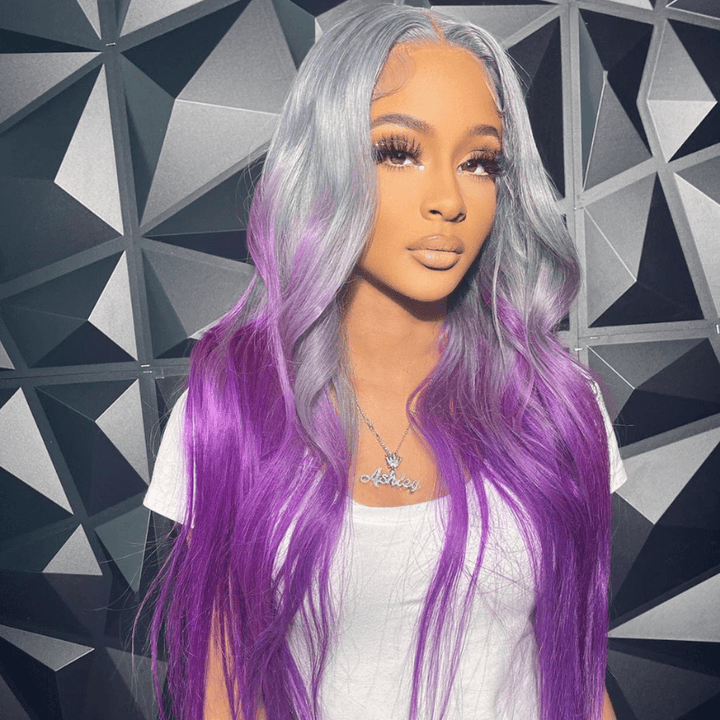 SZC Ombre Gray Purple Straight Body Wave 13x4 Lace Front Human Hair Wigs