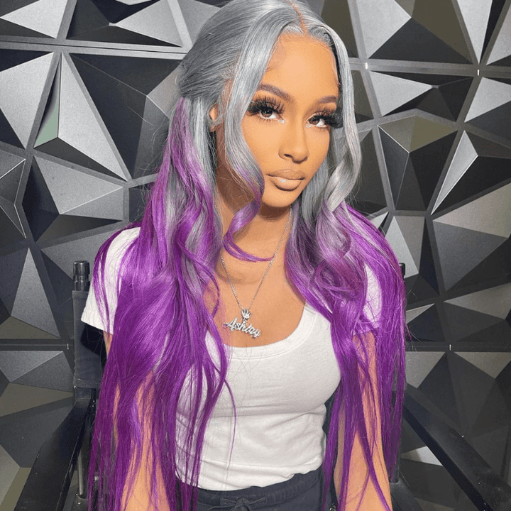 SZC Ombre Gray Purple Straight Body Wave 13x4 Lace Front Human Hair Wigs