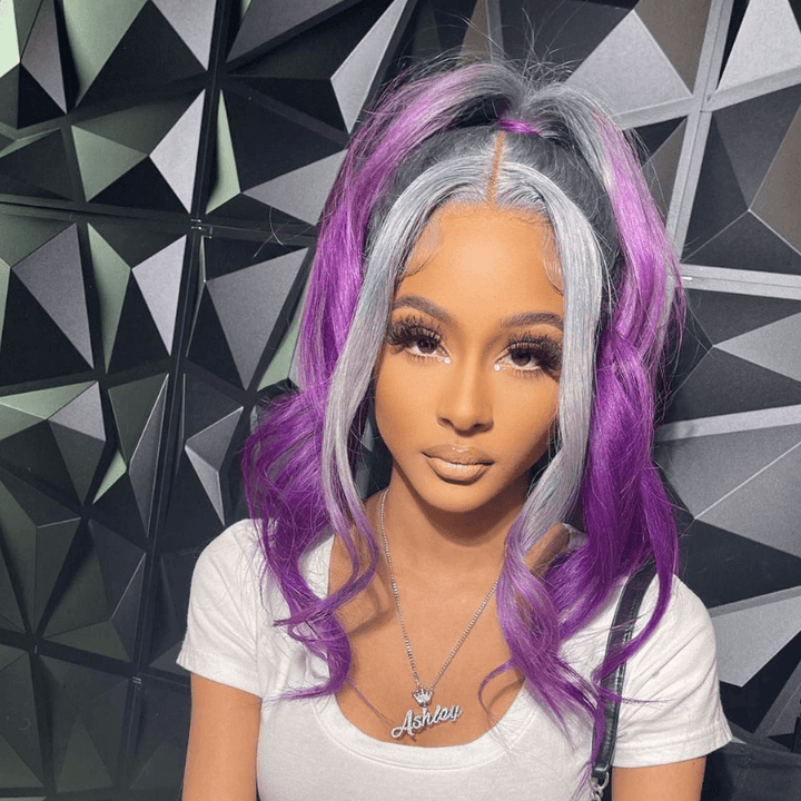 SZC Ombre Gray Purple Straight Body Wave 13x4 Lace Front Human Hair Wigs