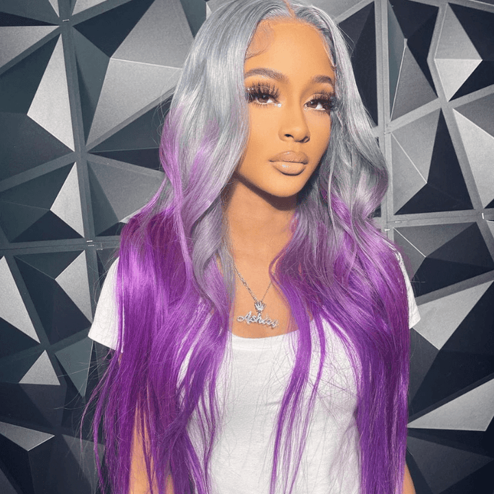SZC Ombre Gray Purple Straight Body Wave 13x4 Lace Front Human Hair Wigs