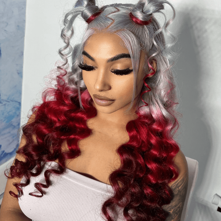 SZC Ombre Gray Red Color 200 Density 13x4 Lace Front Human Hair Wig