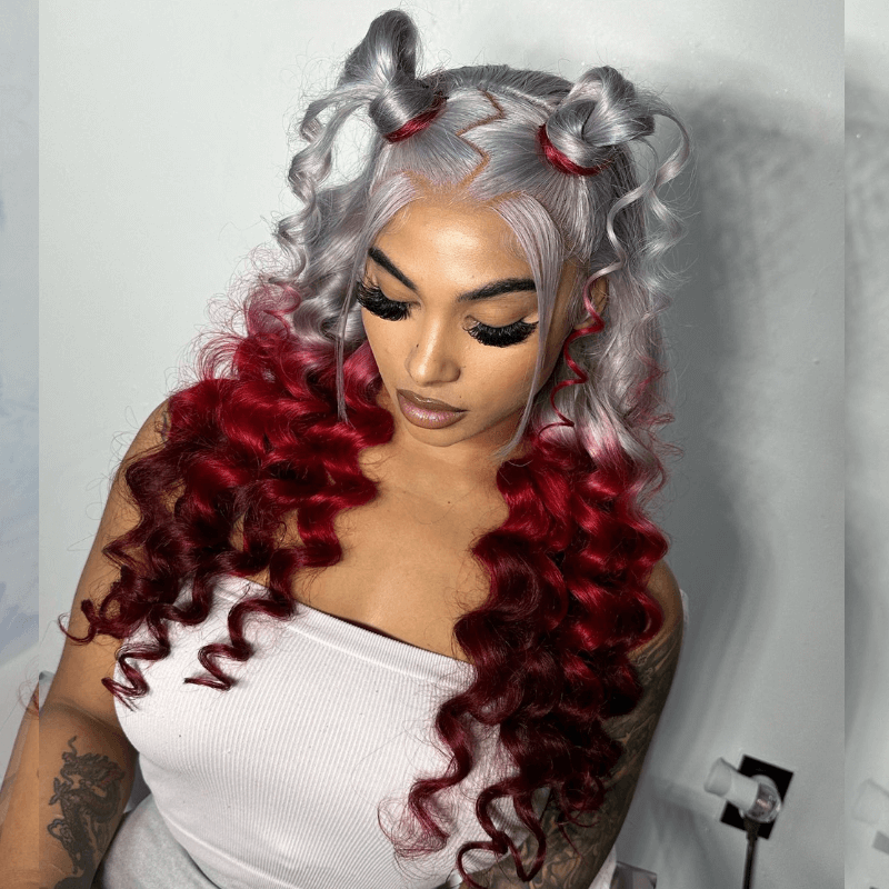 SZC Ombre Gray Red Color 200 Density 13x4 Lace Front Human Hair Wig