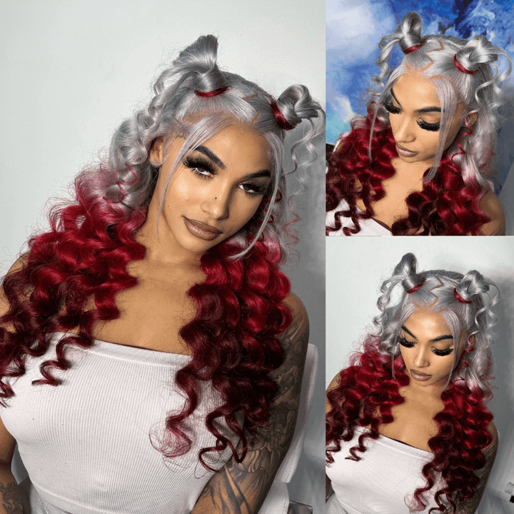 SZC Ombre Gray Red Color 200 Density 13x4 Lace Front Human Hair Wig