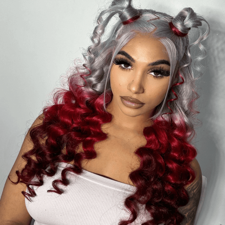 SZC Ombre Gray Red Color 200 Density 13x4 Lace Front Human Hair Wig