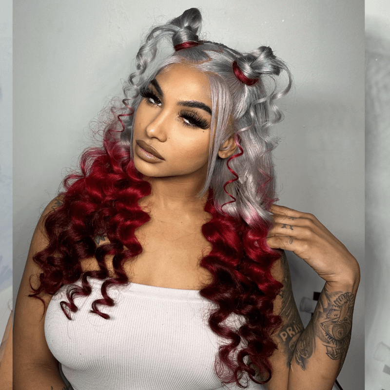 SZC Ombre Gray Red Color 200 Density 13x4 Lace Front Human Hair Wig