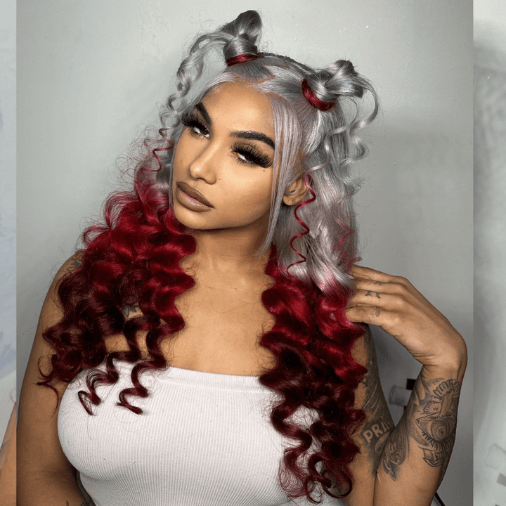 SZC Ombre Gray Red Color 200 Density 13x4 Lace Front Human Hair Wig