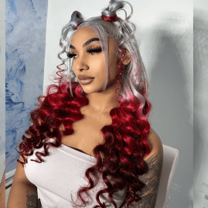 SZC Ombre Gray Red Color 200 Density 13x4 Lace Front Human Hair Wig