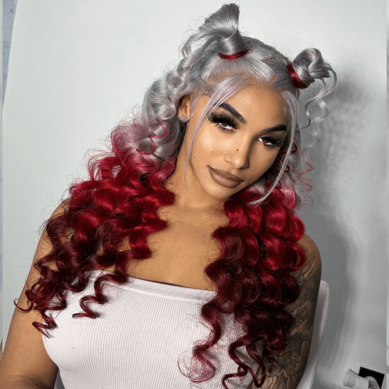 SZC Ombre Gray Red Color 200 Density 13x4 Lace Front Human Hair Wig