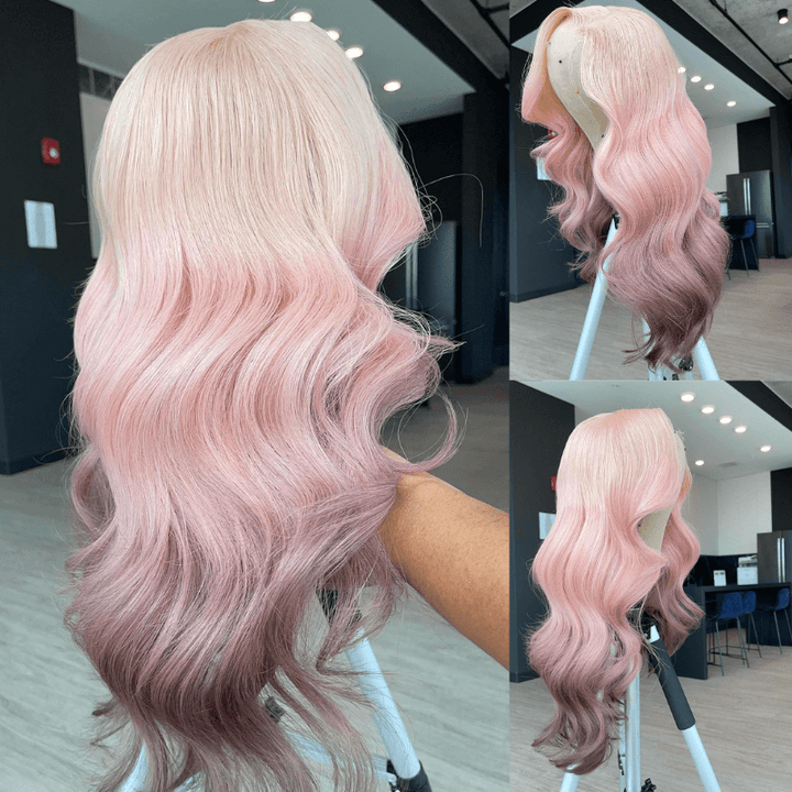 SZC Ombre Light Pink Gray Colored HD Lace Front Virgin Human Hair Wig