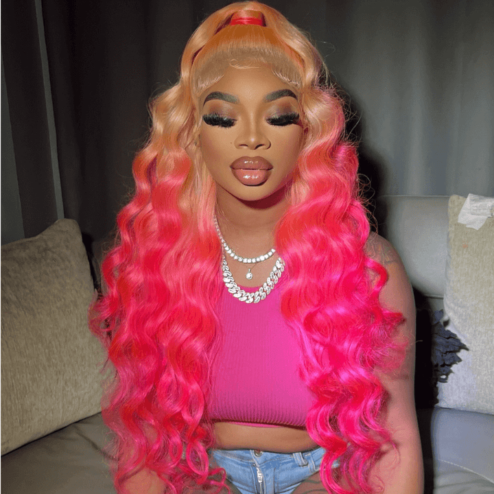 SZC Ombre Peach Blonde Pink 200 Density Lace Front Virgin Human Hair Wig