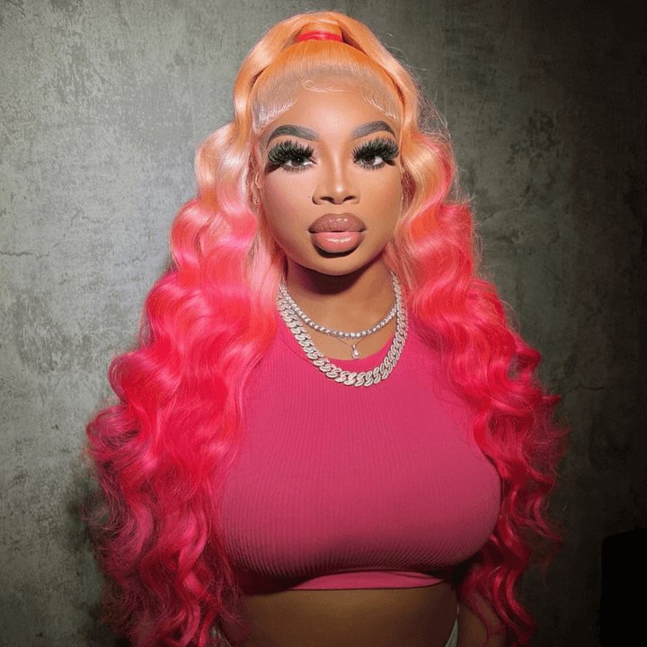 SZC Ombre Peach Blonde Pink 200 Density Lace Front Virgin Human Hair Wig