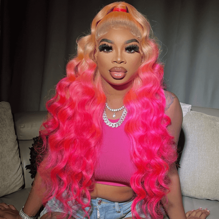 SZC Ombre Peach Blonde Pink 200 Density Lace Front Virgin Human Hair Wig