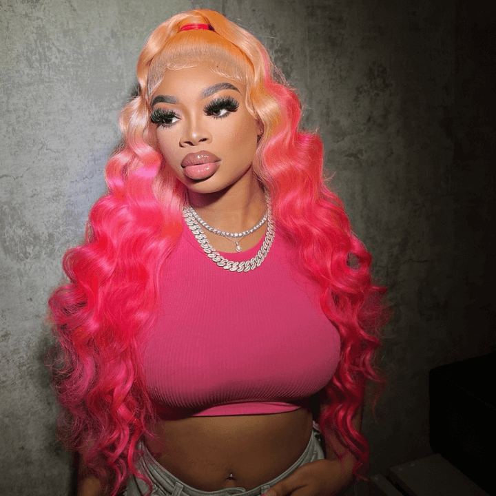 SZC Ombre Peach Blonde Pink 200 Density Lace Front Virgin Human Hair Wig