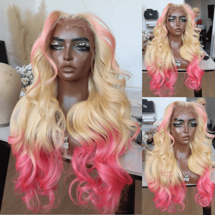 SZC Ombre Pink Blonde Skunk Stripe 13x4 HD Lace Front Virgin Human Hair Wigs