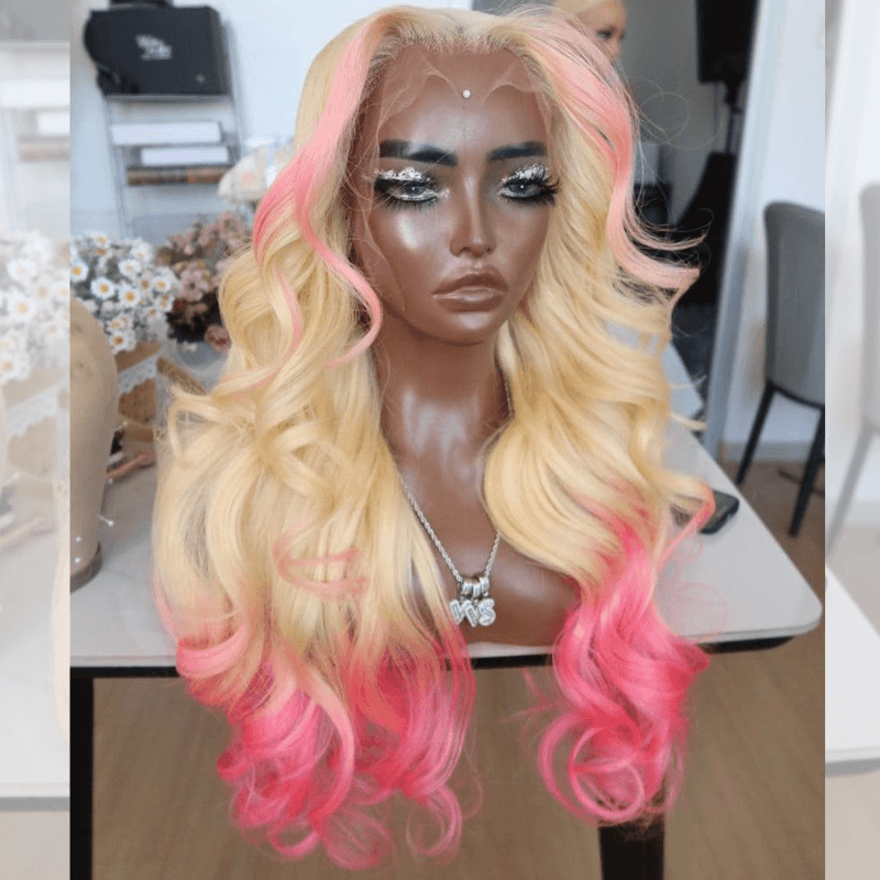 SZC Ombre Pink Blonde Skunk Stripe 13x4 HD Lace Front Virgin Human Hair Wigs