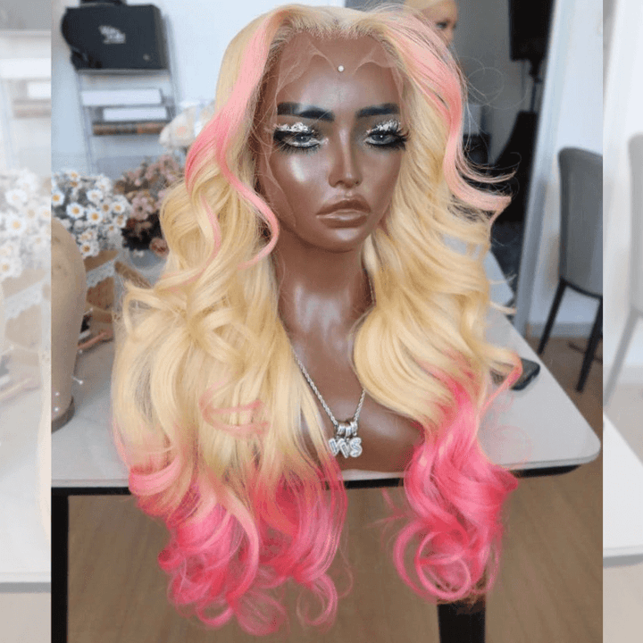 SZC Ombre Pink Blonde Skunk Stripe 13x4 HD Lace Front Virgin Human Hair Wigs