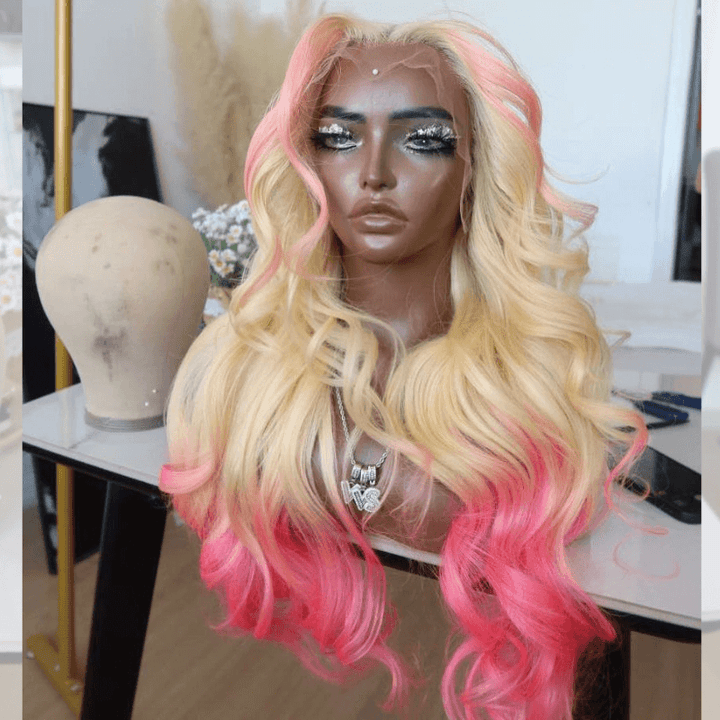 SZC Ombre Pink Blonde Skunk Stripe 13x4 HD Lace Front Virgin Human Hair Wigs