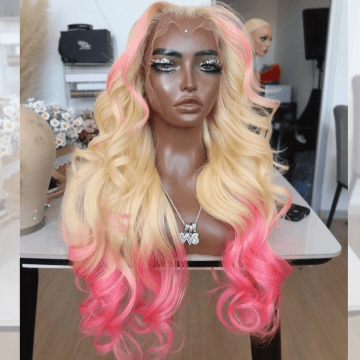 SZC Ombre Pink Blonde Skunk Stripe 13x4 HD Lace Front Virgin Human Hair Wigs