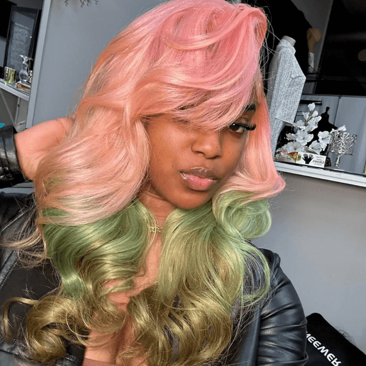SZC Ombre Pink Pastel Green Brown 200 Density Lace Front Human Hair Wigs