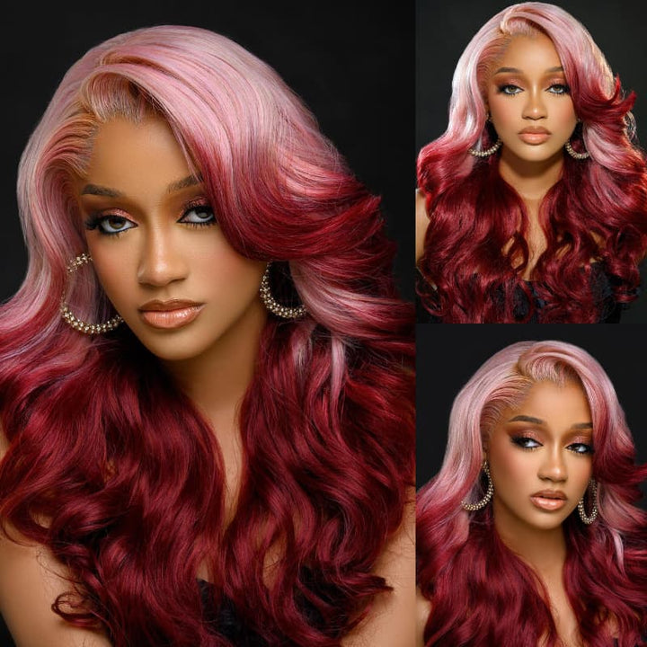 SZC Ombre Pink Strawberry Red 13x4 Lace Front Virgin Human Hair Wigs