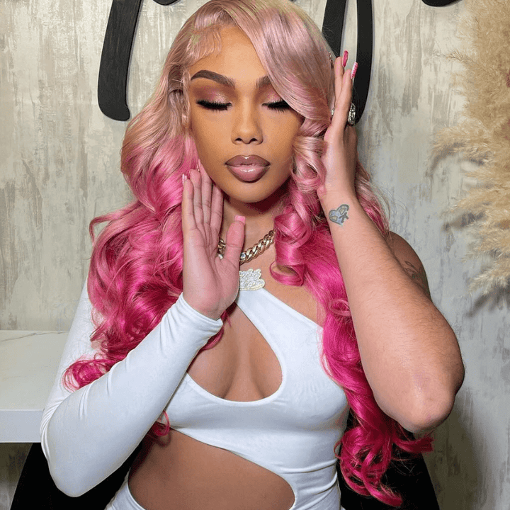 SZC Ombre Rose Gold Blonde Pink Lace Front Human Hair Wig 200 Density