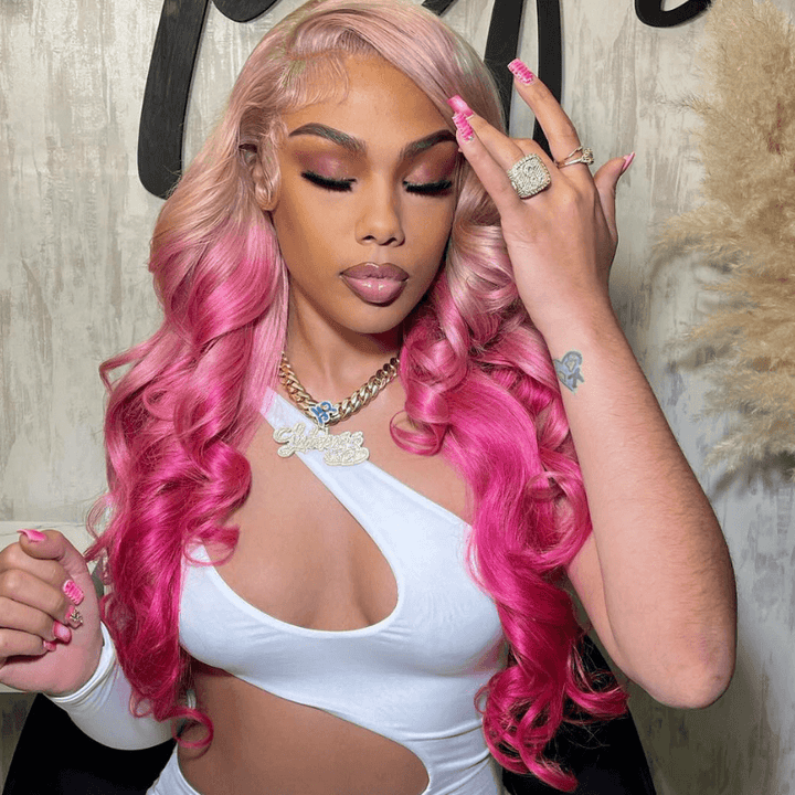 SZC Ombre Rose Gold Blonde Pink Lace Front Human Hair Wig 200 Density