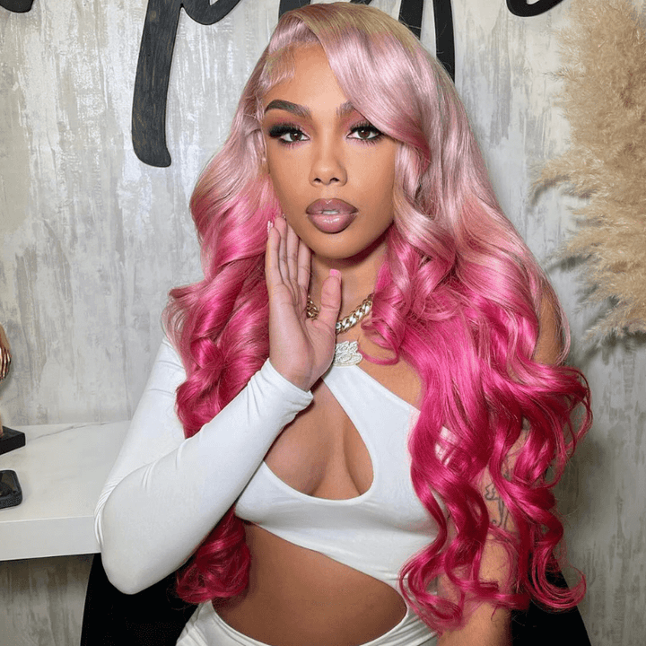 SZC Ombre Rose Gold Blonde Pink Lace Front Human Hair Wig 200 Density