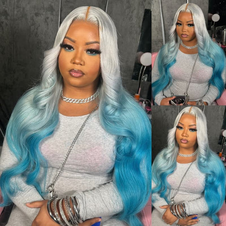 SZC Ombre Silver Gray Blue 13x4 Lace Front Virgin Human Hair Wigs 200 Density