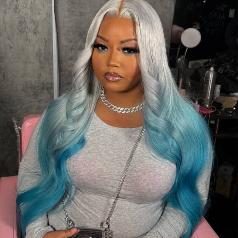 SZC Ombre Silver Gray Blue 13x4 Lace Front Virgin Human Hair Wigs 200 Density