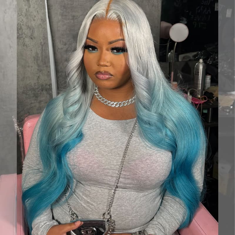 SZC Ombre Silver Gray Blue 13x4 Lace Front Virgin Human Hair Wigs 200 Density