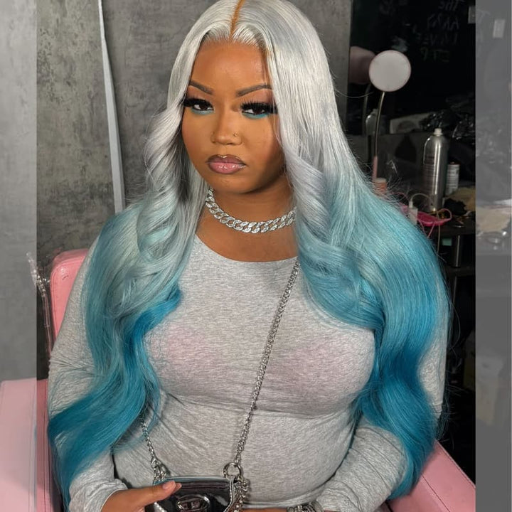 SZC Ombre Silver Gray Blue 13x4 Lace Front Virgin Human Hair Wigs 200 Density