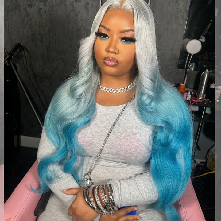 SZC Ombre Silver Gray Blue 13x4 Lace Front Virgin Human Hair Wigs 200 Density
