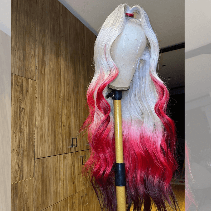 SZC Ombre White Blonde Burgundy Red Black Color Lace Front Human Hair Wigs
