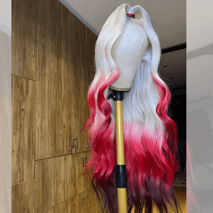 SZC Ombre White Blonde Burgundy Red Black Color Lace Front Human Hair Wigs