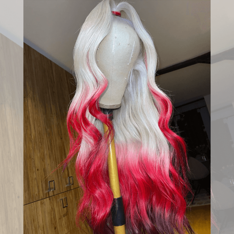 SZC Ombre White Blonde Burgundy Red Black Color Lace Front Human Hair Wigs