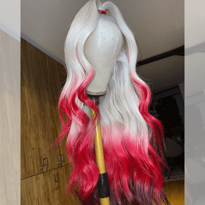 SZC Ombre White Blonde Burgundy Red Black Color Lace Front Human Hair Wigs