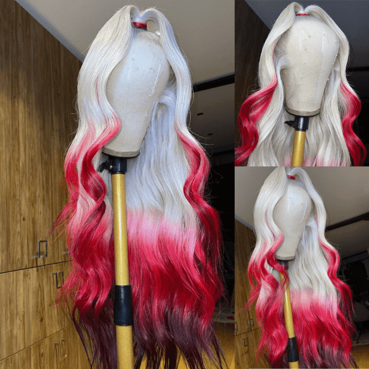 SZC Ombre White Blonde Burgundy Red Black Color Lace Front Human Hair Wigs