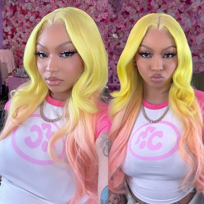 SZC Ombre Yellow Pink 13x4 HD Lace Front Virgin Human Hair Wigs