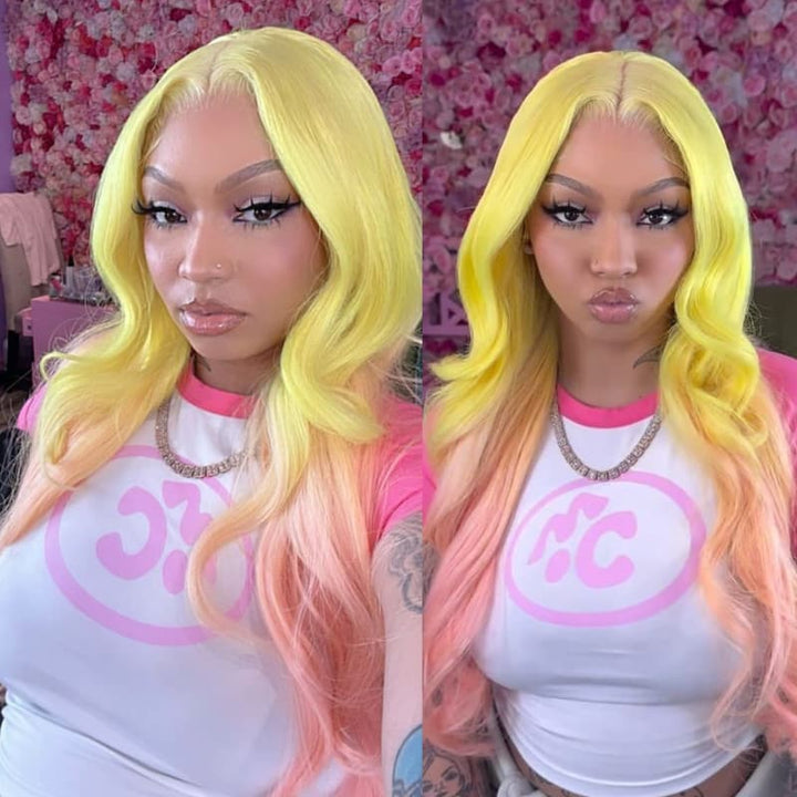 SZC Ombre Yellow Pink 13x4 HD Lace Front Virgin Human Hair Wigs
