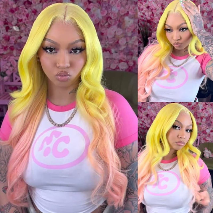 SZC Ombre Yellow Pink 13x4 HD Lace Front Virgin Human Hair Wigs