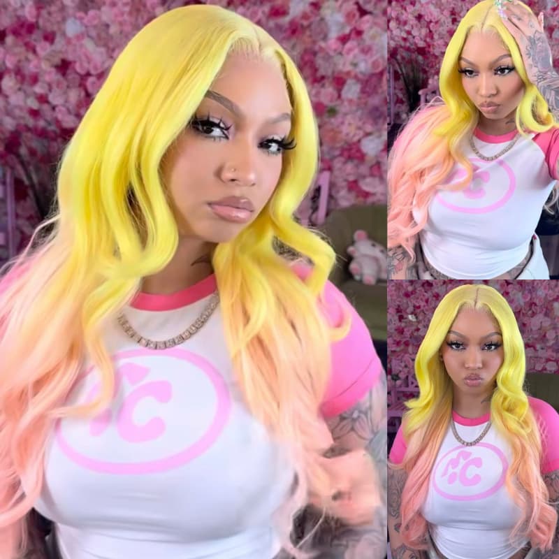 SZC Ombre Yellow Pink 13x4 HD Lace Front Virgin Human Hair Wigs