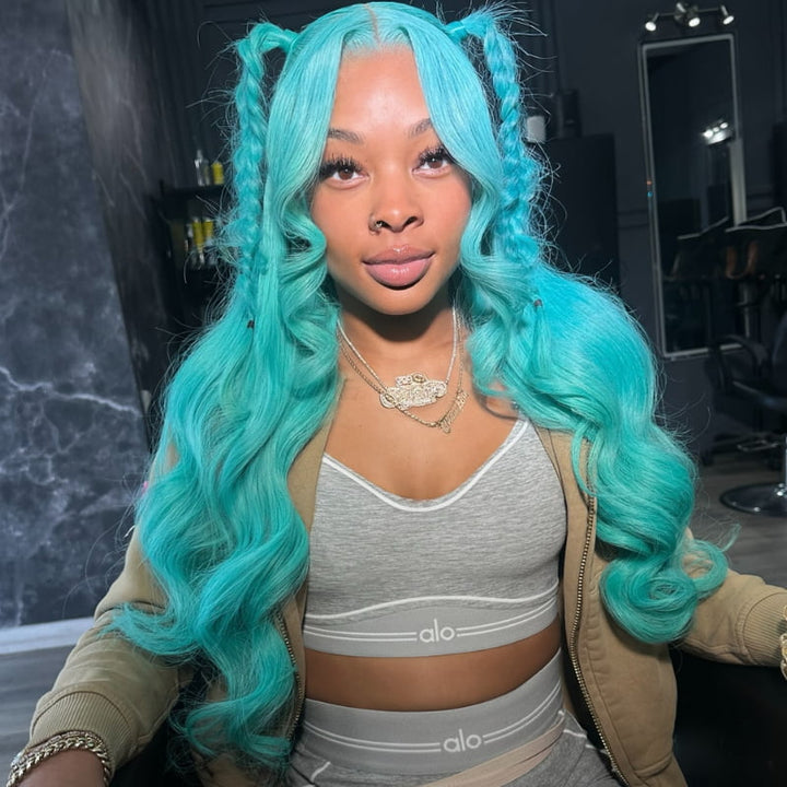 SZC Pastel Blue Body Wave 13x4 HD Lace Front Virgin Human Hair Wigs