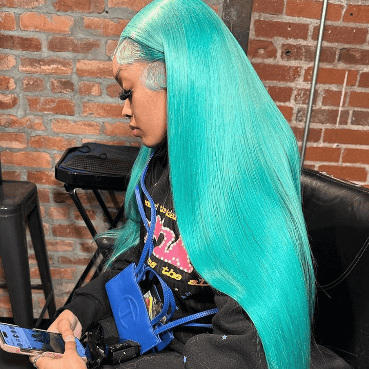 SZC Pastel Green Straight Body Wave 13X4 Lace Front Virgin Human Hair Wigs