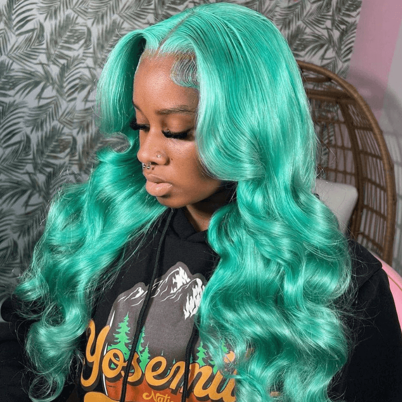 SZC Pastel Green Straight Body Wave 13X4 Lace Front Virgin Human Hair Wigs