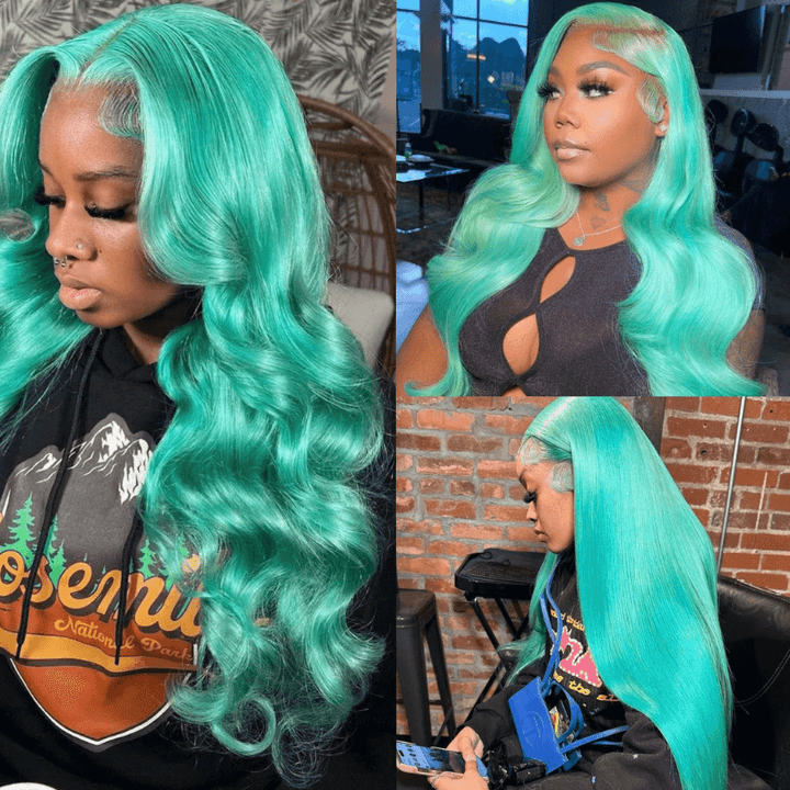 SZC Pastel Green Straight Body Wave 13X4 Lace Front Virgin Human Hair Wigs