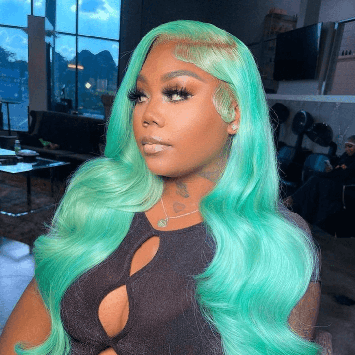 SZC Pastel Green Straight Body Wave 13X4 Lace Front Virgin Human Hair Wigs