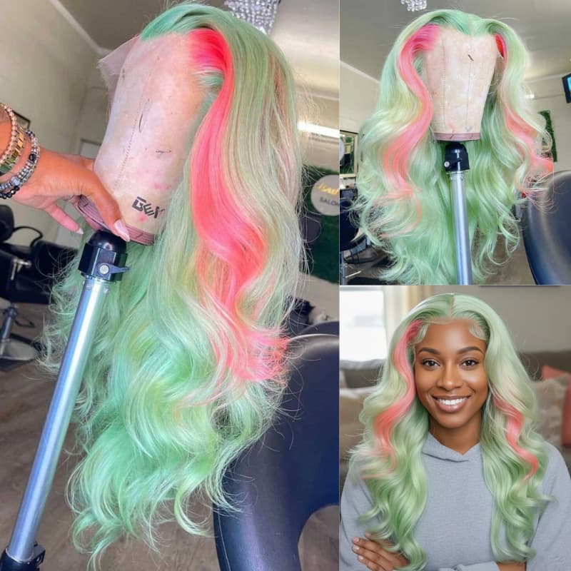 SZC Pastel Green With Pink Skunk Stripe 13x4 HD Lace Front Virgin Human Hair Wigs