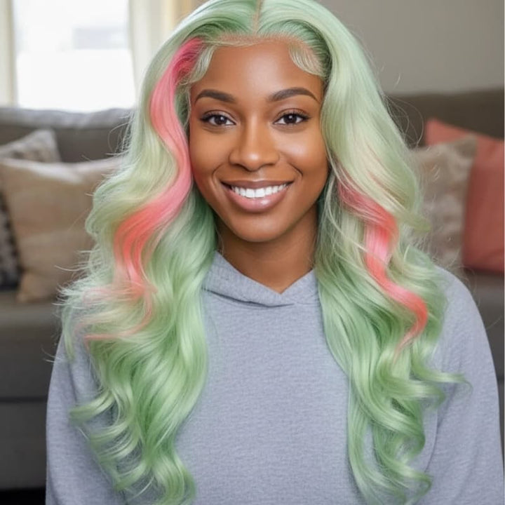 SZC Pastel Green With Pink Skunk Stripe 13x4 HD Lace Front Virgin Human Hair Wigs